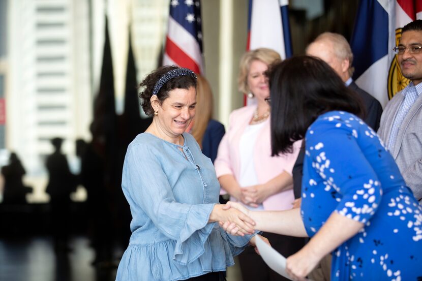 Syrian refugee Safaa Sakkal took part Tuesday in the first naturalization ceremony to be...