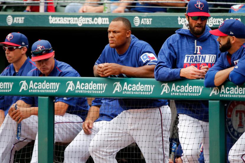 Texas Rangers third baseman Adrian Beltre watches the final exhibition baseball game of the...