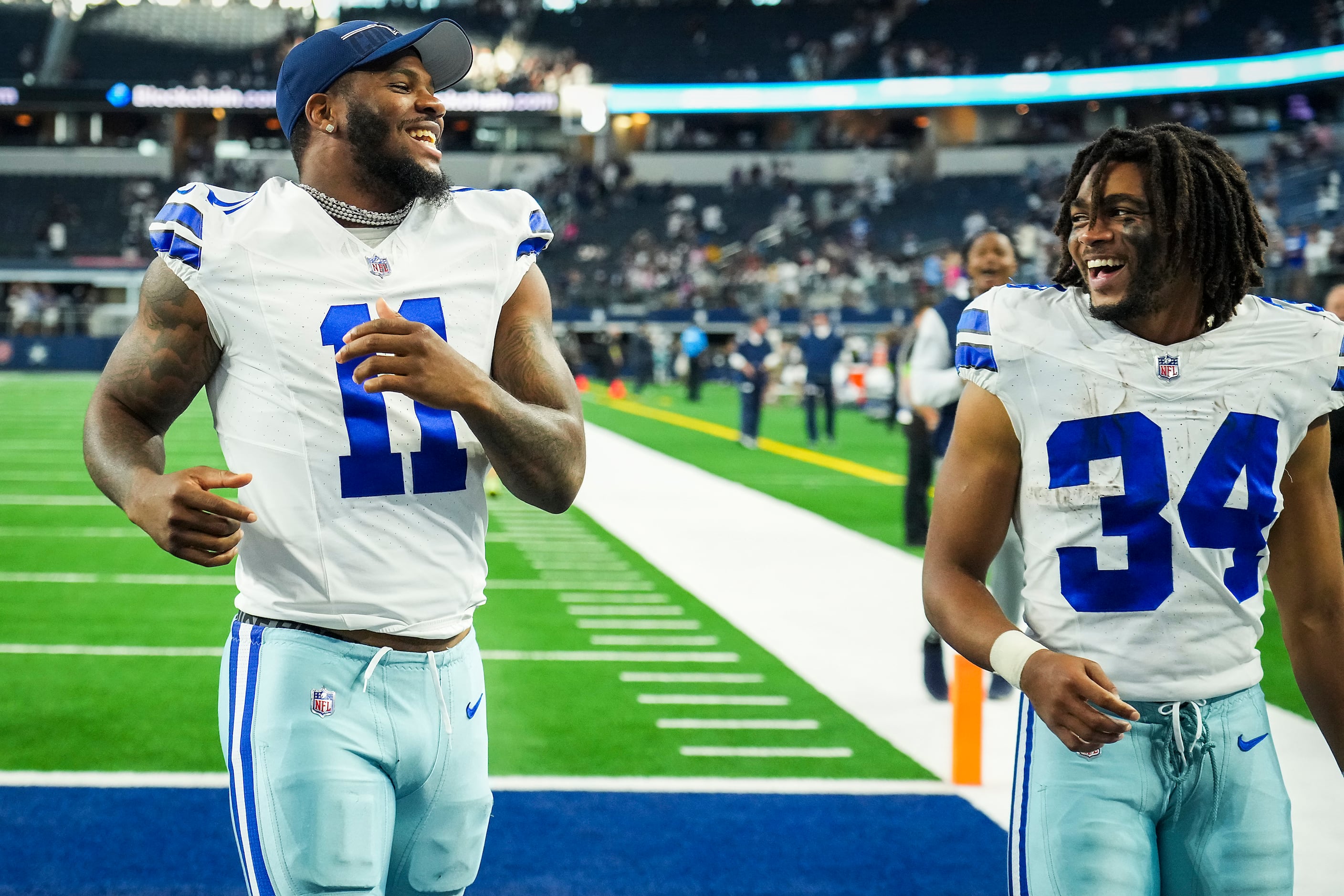 Dallas Cowboys running back Rico Dowdle (23) runs the ball during the first  half of an NFL preseason football game against the Jacksonville Jaguars,  Saturday, Aug. 12, 2023, in Arlington, Texas. Later