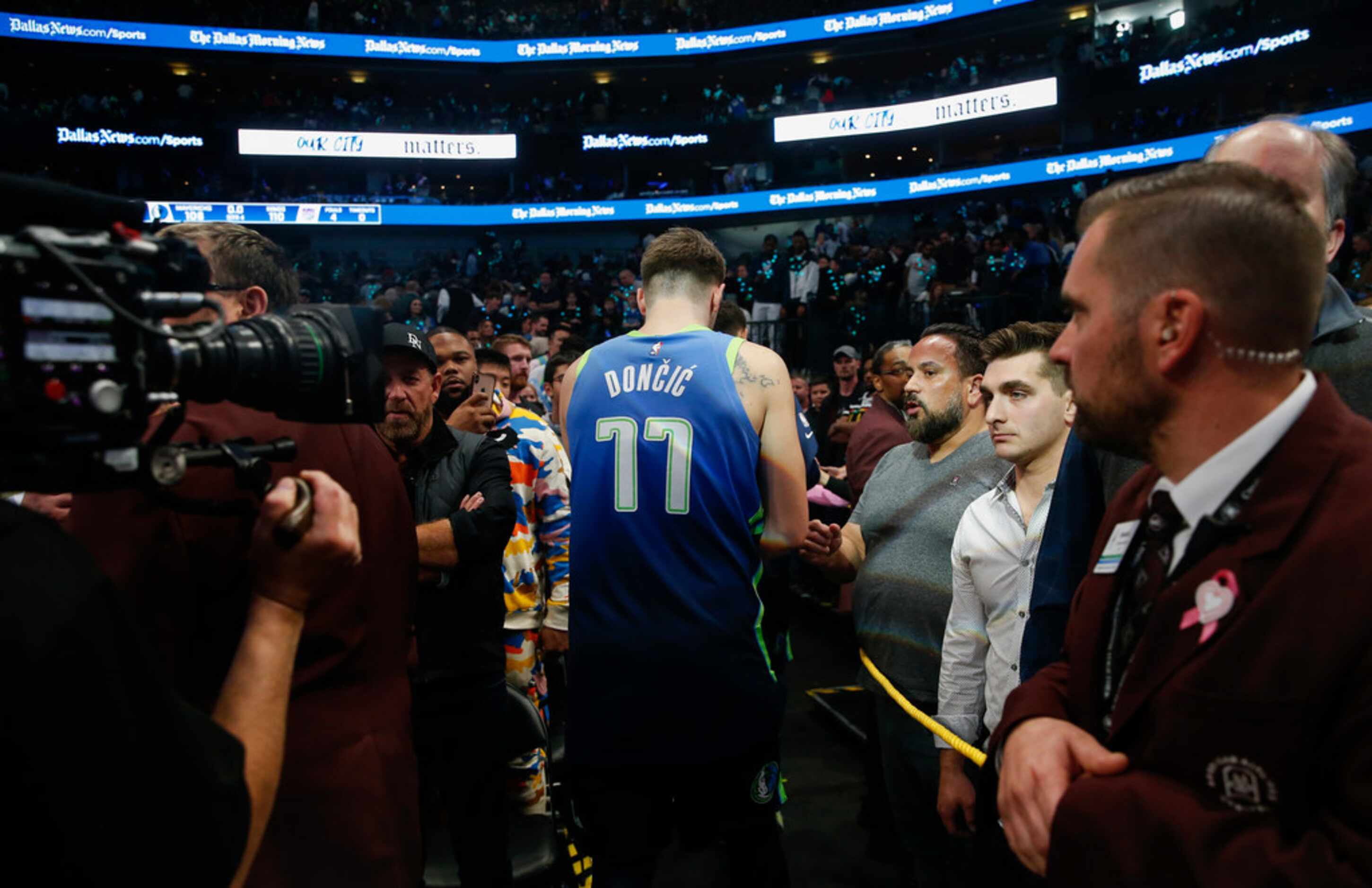 Dallas Mavericks forward Luka Doncic (77) exits the court following a loss to the Sacramento...