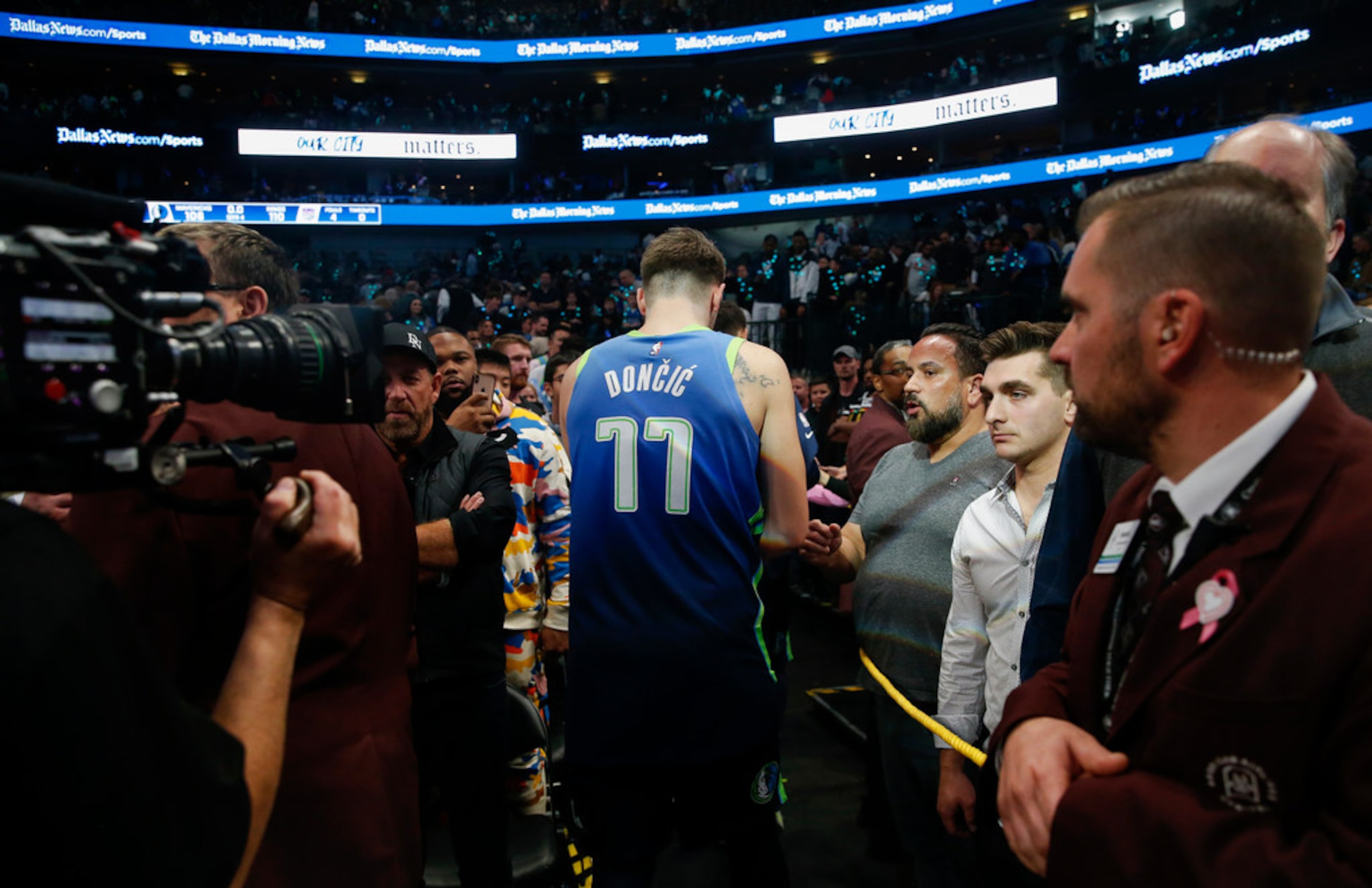 Dallas Mavericks forward Luka Doncic (77) exits the court following a loss to the Sacramento...