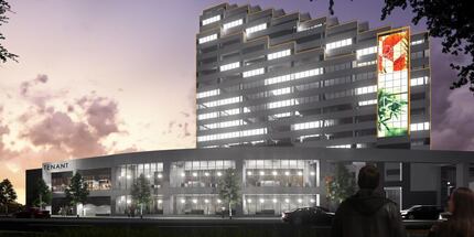  A rendering shows theÂ new exterior for The Centrum in Oak Lawn, a 1980s building getting a...