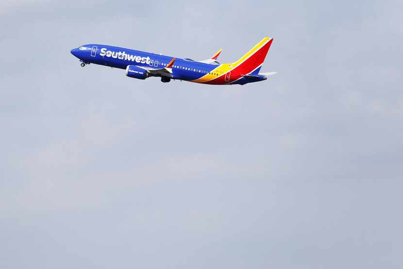 A Southwest Airlines plane takes off from Dallas Love Field in Dallas.