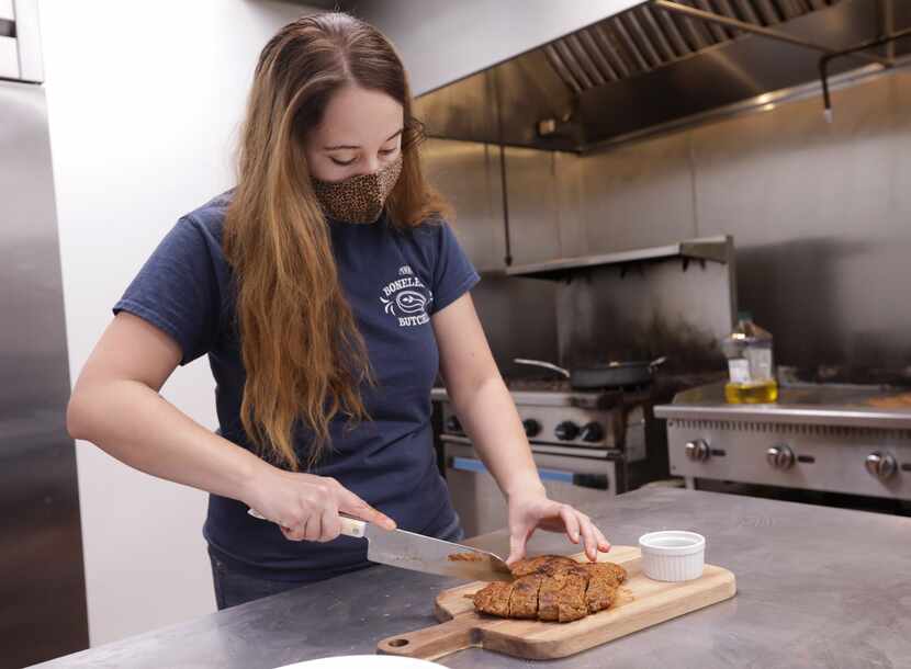 Crystal Gomez prepares her Boneless Butcher brand "meatless meats."