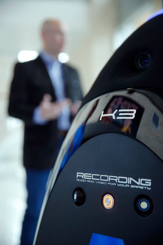 The Knightscope K3 robot cop has several sensors on it while it patrols during a...