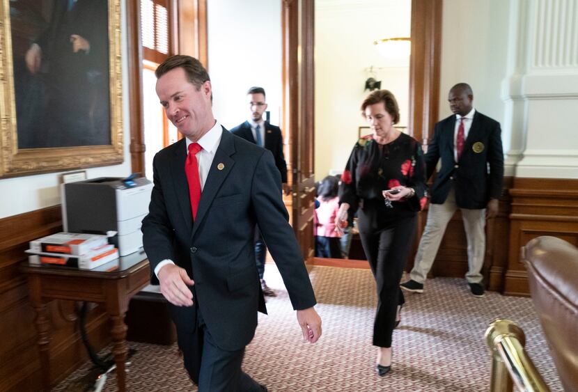 House Speaker Dade Phelan, R-Beaumont, leaves a Democratic caucus on SB 7 that lasted over...