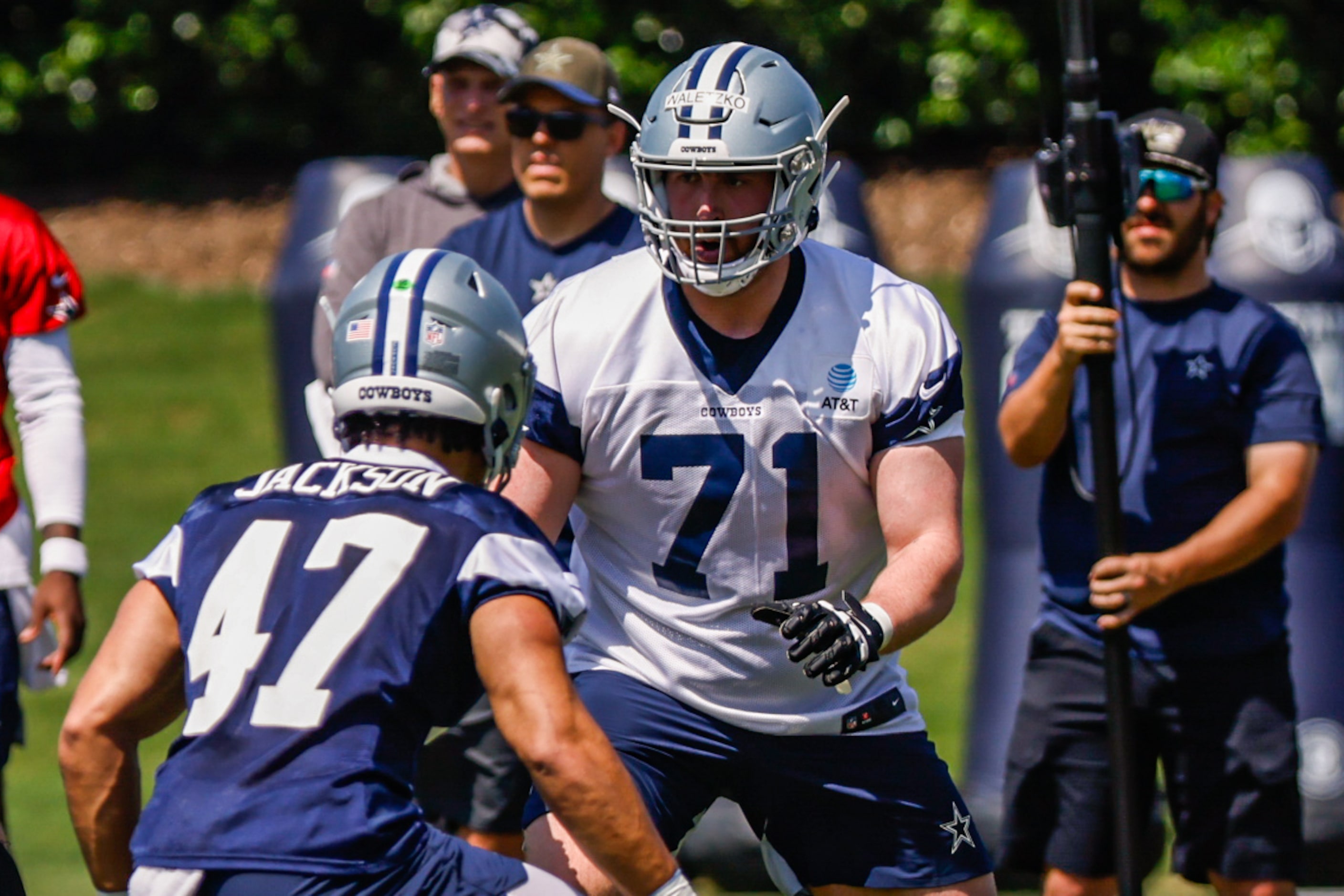 Dallas Cowboys offensive tackle (71) Matt Waletzko and linebacker (47) Storey Jackson during...