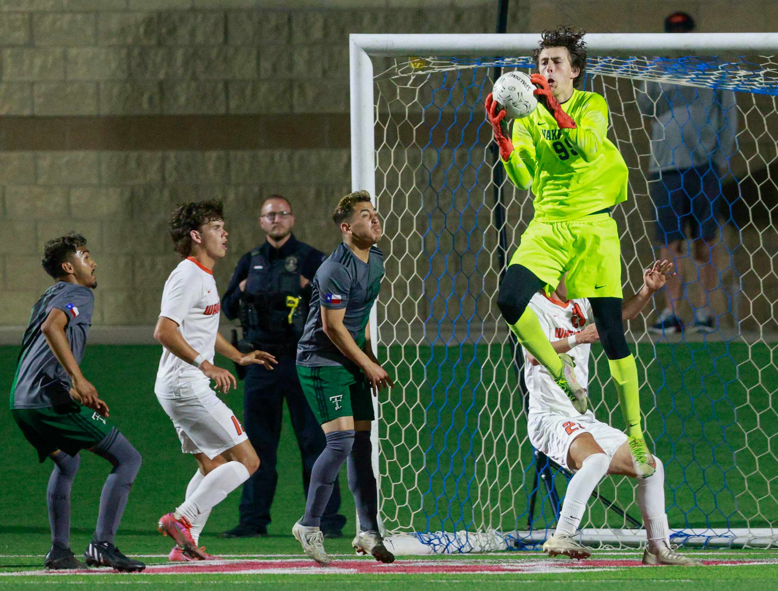 Frisco Wakeland goalkeeper Brad Shreve (99) leaps to make a save during the second half of a...