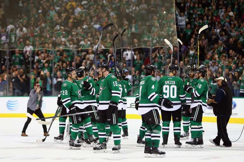 DALLAS, TEXAS - APRIL 09:  The Dallas Stars celebrate a 3-2 win against the Nashville...