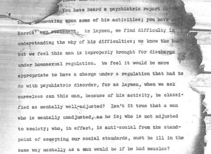 An excerpt from the charred remains of George Harris' Jan. 20, 1956 hearing