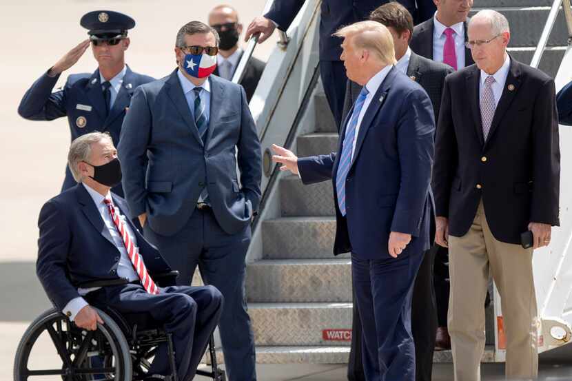 Chatting with Gov. Greg Abbott (left), former President Donald Trump stood with Rep. Mike...