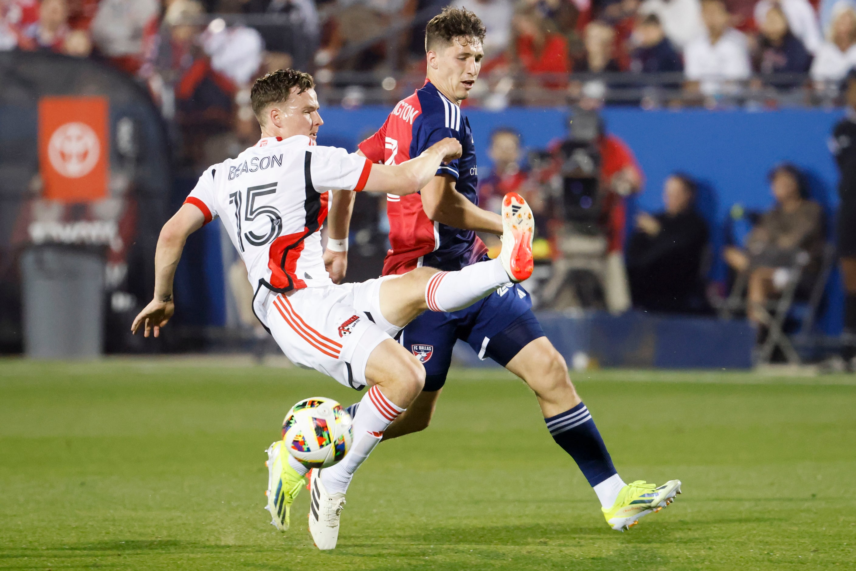 San Jose defender Tanner Beason (15) takes away the ball from FC Dallas’ Logan Farrington...