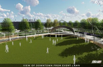A rendering from a Conceptual Plan for the Southern Gateway Public Green, a deck park over...