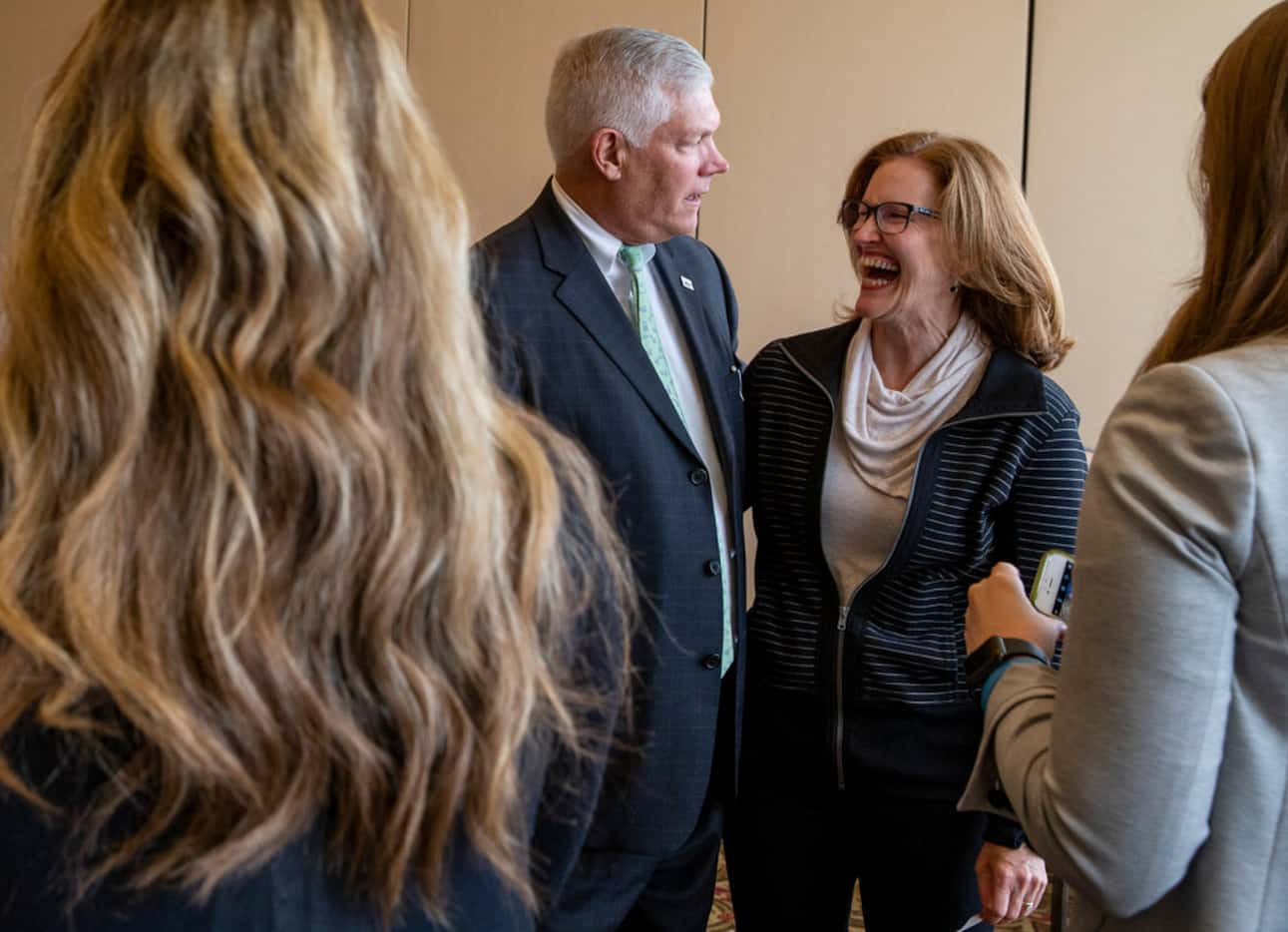 Congressman Pete Sessions talks to Annette Ratliff following a luncheon at Dallas Athletic...