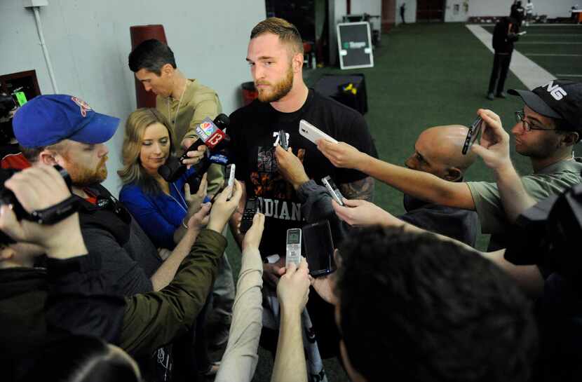 Indiana offensive tackle Jason Spriggs (78) talks with media after Indiana NFL football Pro...
