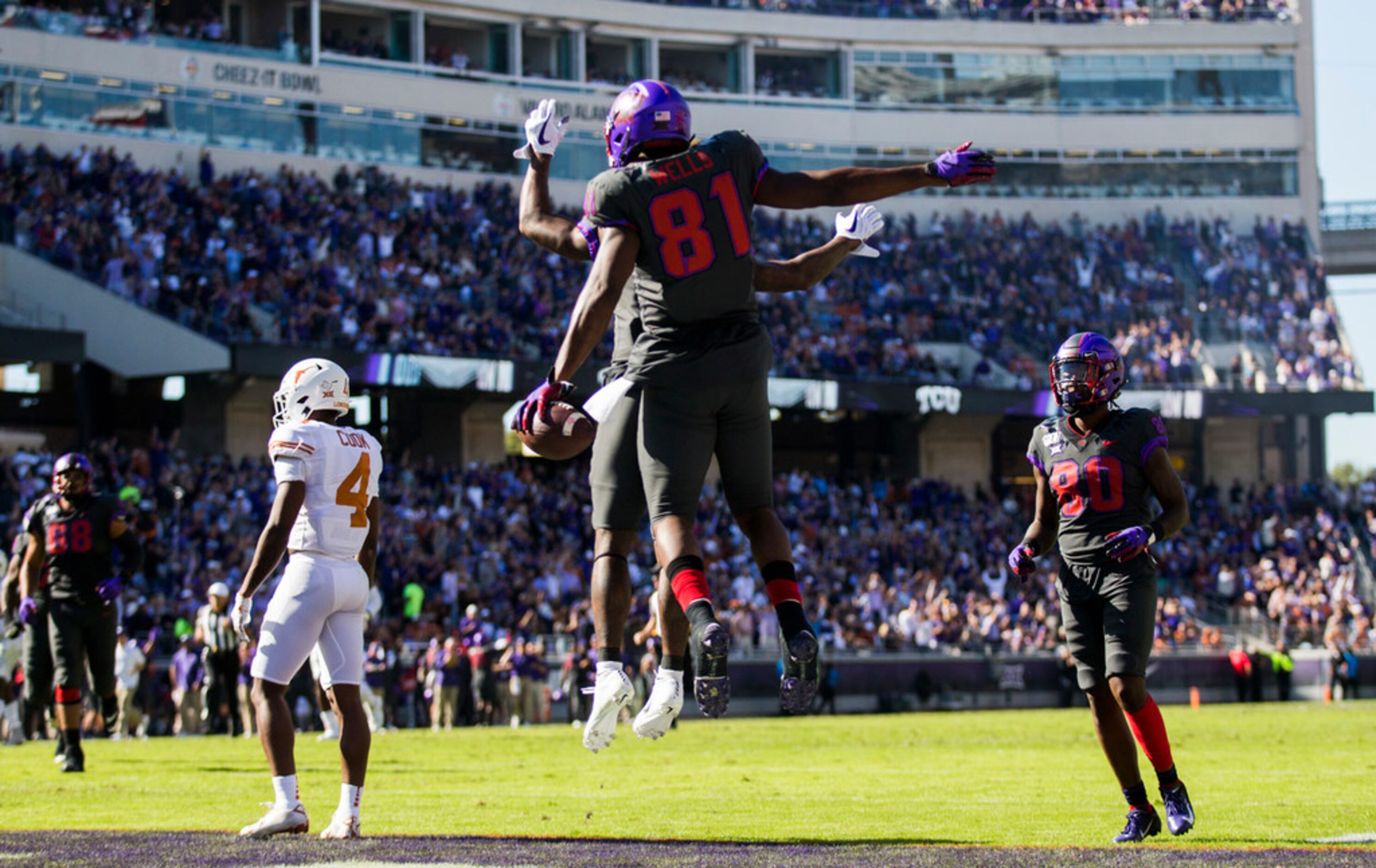 TCU Horned Frogs tight end Pro Wells (81) celebrates a touchdown during the second quarter...