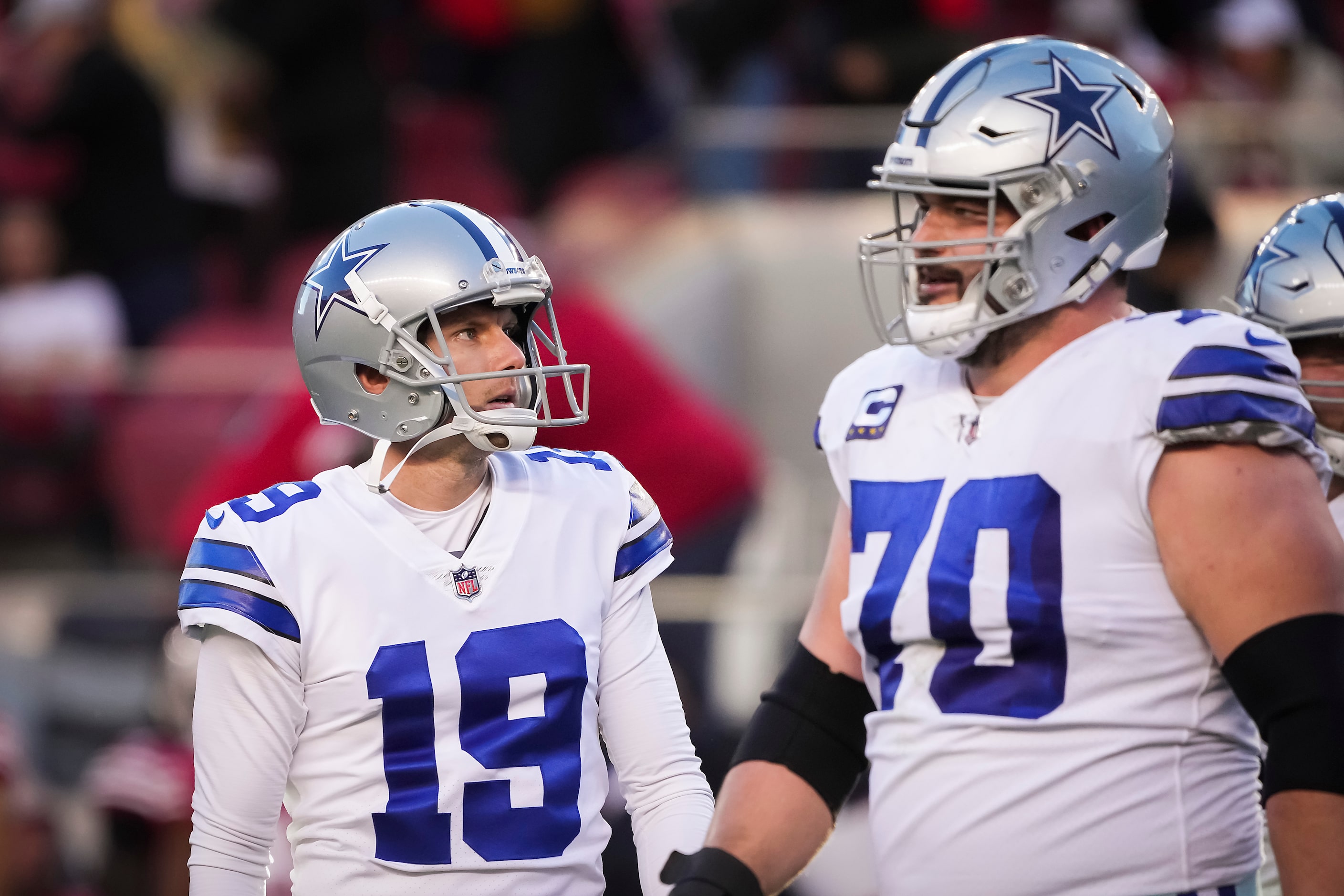 Dallas Cowboys place kicker Brett Maher (19) reacts after having a point after try blocked...