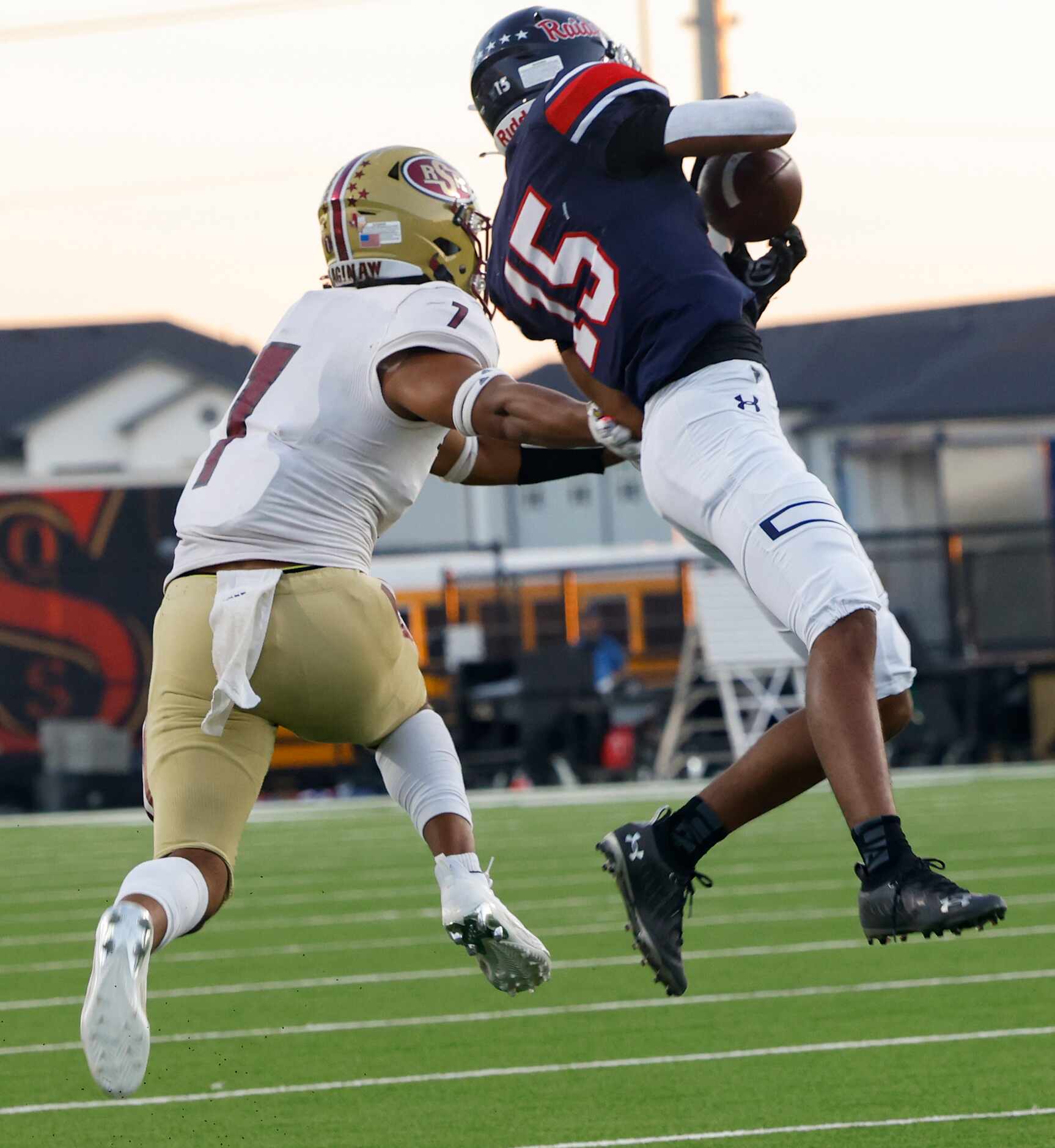 Denton Ryan’s defensive back Trae Williams (15) intercepts a pass intended for Saginaw’s...