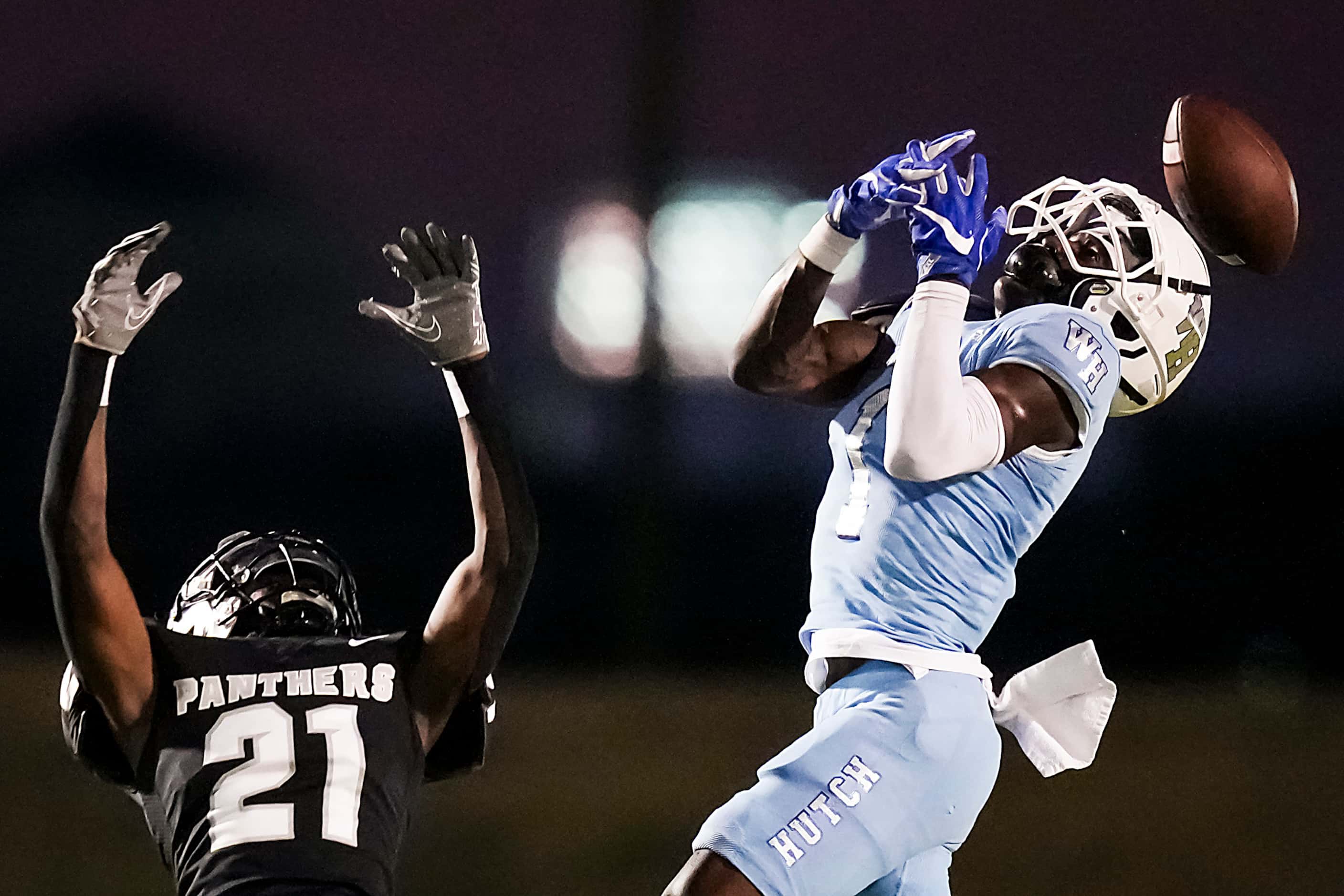 Wilmer-Hutchins wide receiver Robert Hall (1) can’t make a catch as Panther Creek defensive...