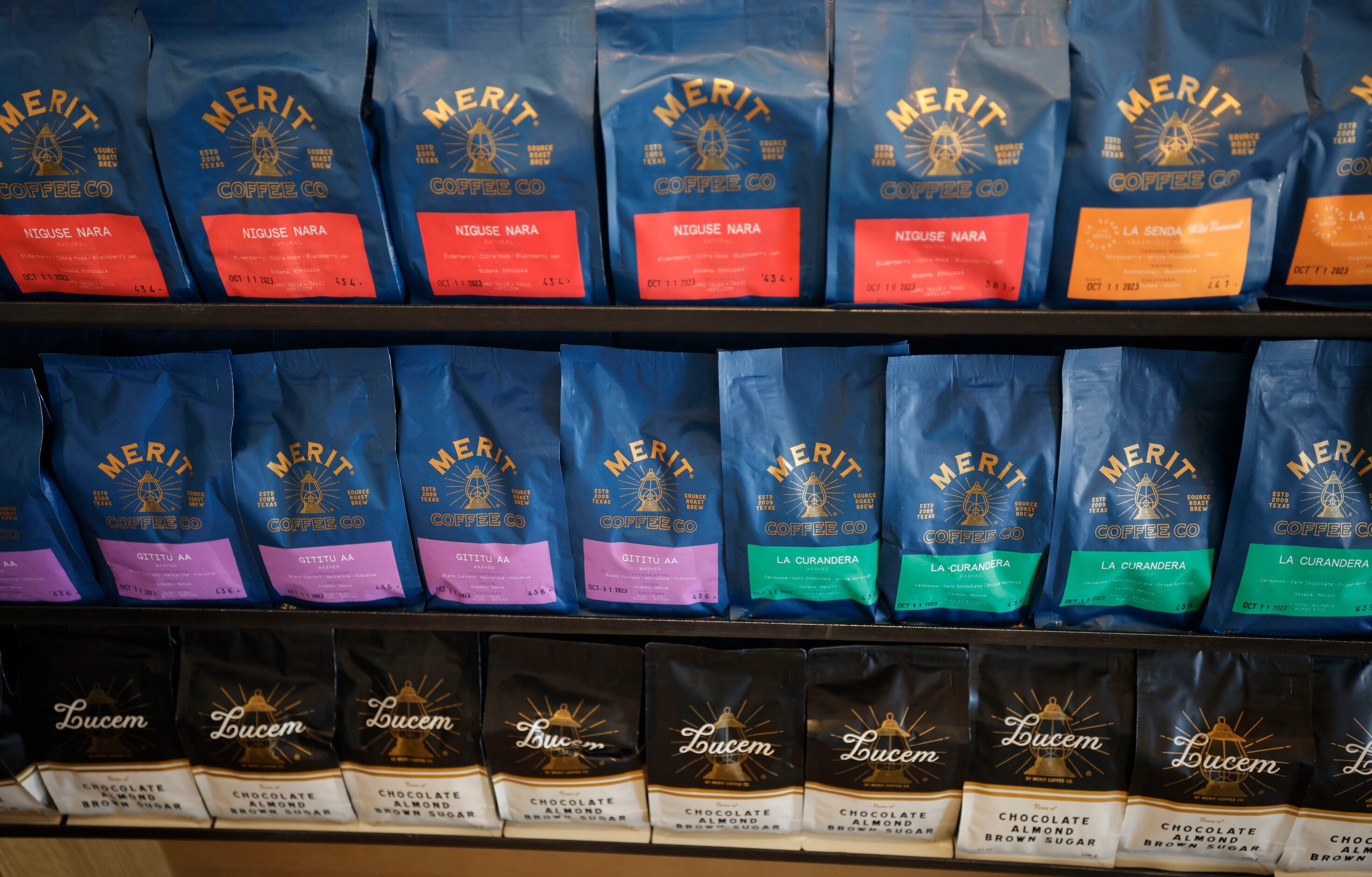 Bags of coffee beans are seen during a soft opening of a new Merit Coffee shop at 4124...