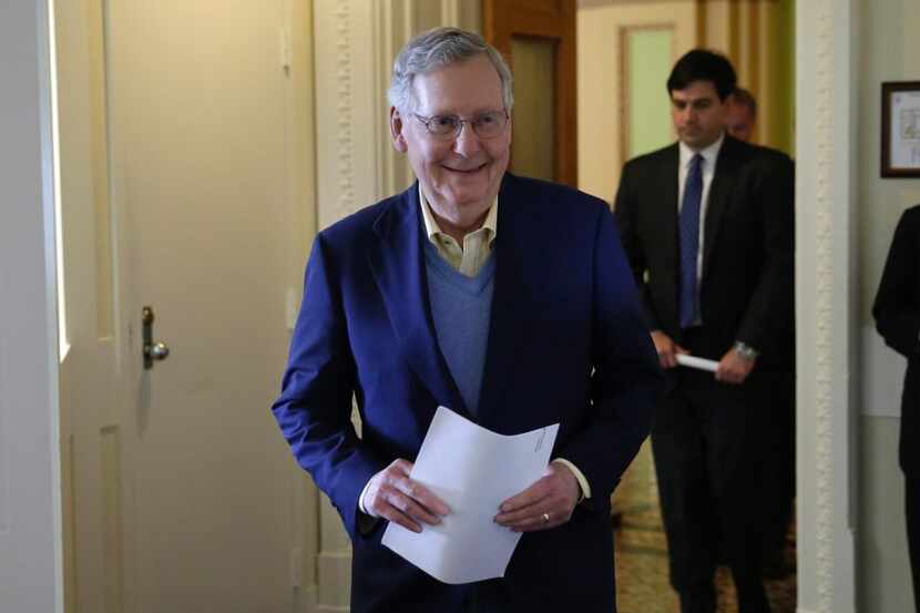  Senate Majority Leader Mitch McConnell, R-Ky., arrives at a news conference on Capitol Hill...