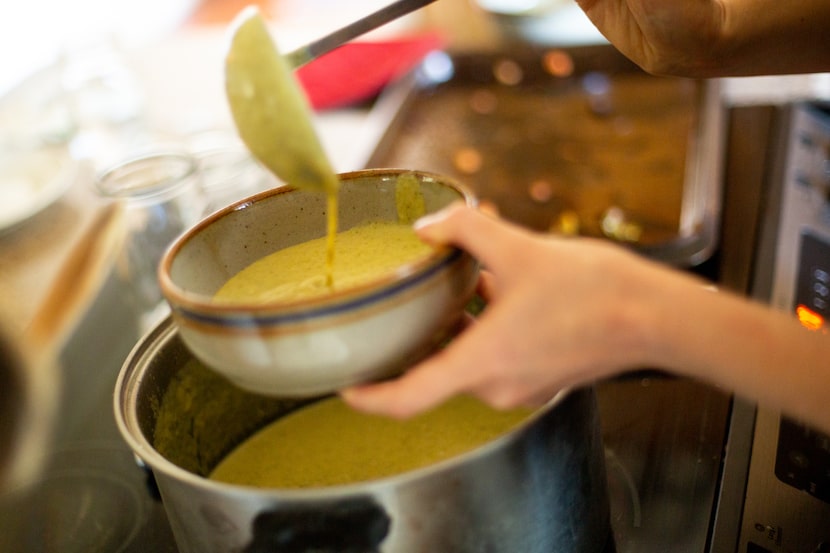 Jade Chessman ladles zucchini soup in her kitchen Nov. 9, 2019 at her home in Sanger. (Kara...