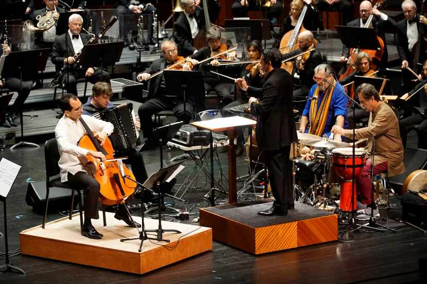 From left: Jesus Castro-Balbi (cello), Michael Ward-Bergeman (Hyper Accordion),  
Cyro...