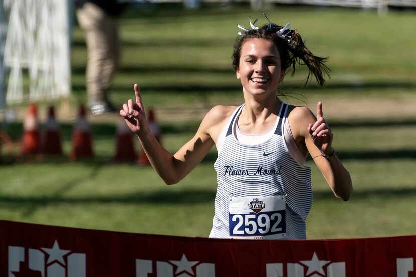 Flower Mound's Natalie Cook races toward the finish line to win state during the 2021 UIL 6A...