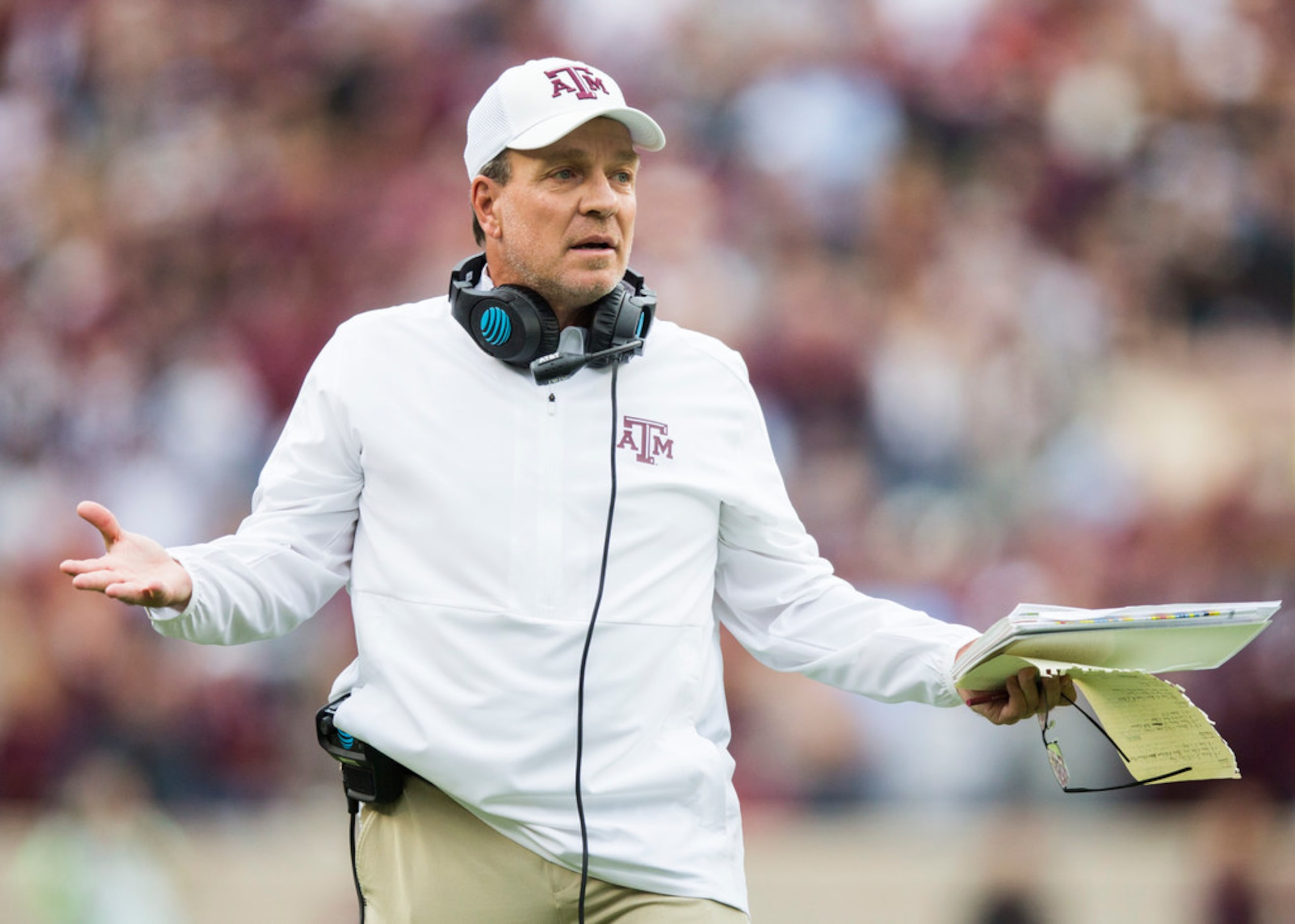 Texas A&M Aggies head coach Jimbo Fisher disputes a call during the first quarter of a...