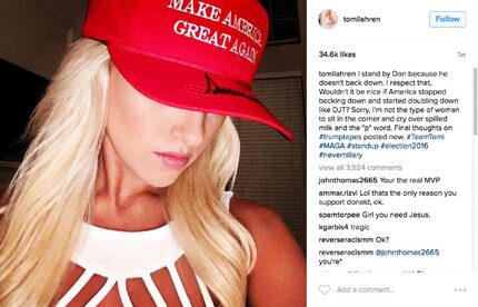 A photo posted to the Instagram account of Tomi Lahren, showing her wearing a ballcap with...