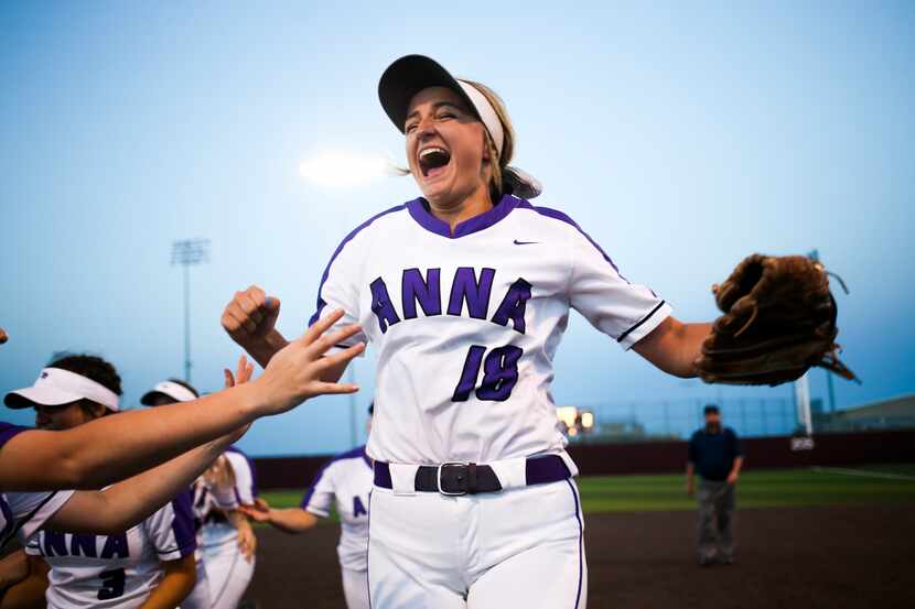 Anna's Madison McPherson (18) celebrates after the team's 11-2 victory in a Class 4A Region...