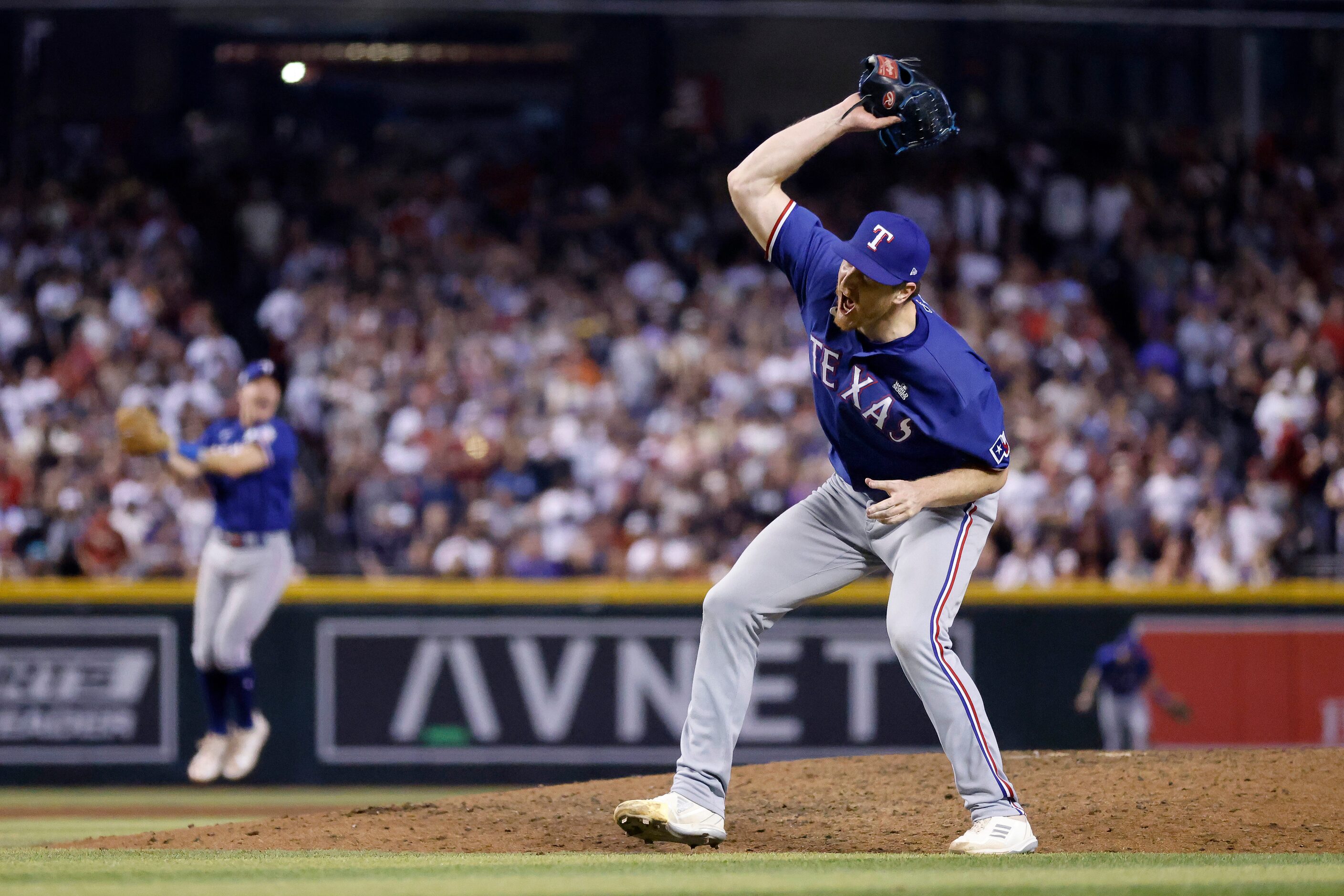 Texas Rangers relief pitcher Josh Sborz (66) throws down his glove after making the final...