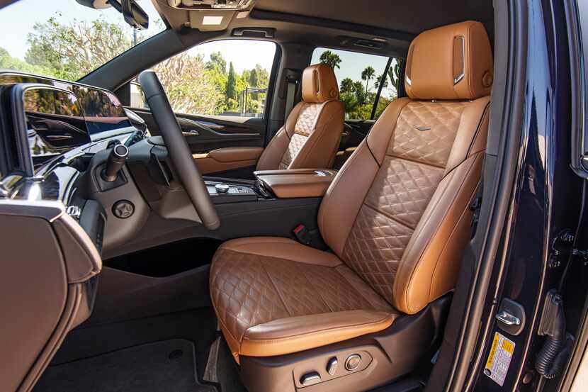 The 2021 Cadillac Escalade Brandy interior with Very Dark Atmosphere accents and full...