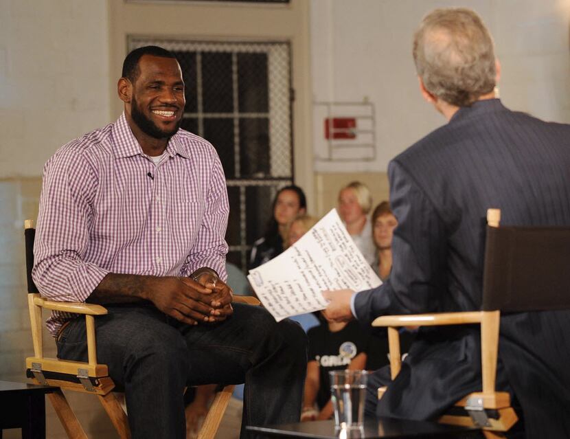  LeBron James sits with Jim Gray before an interview on ESPN on Thursday, July 8, 2010, in...