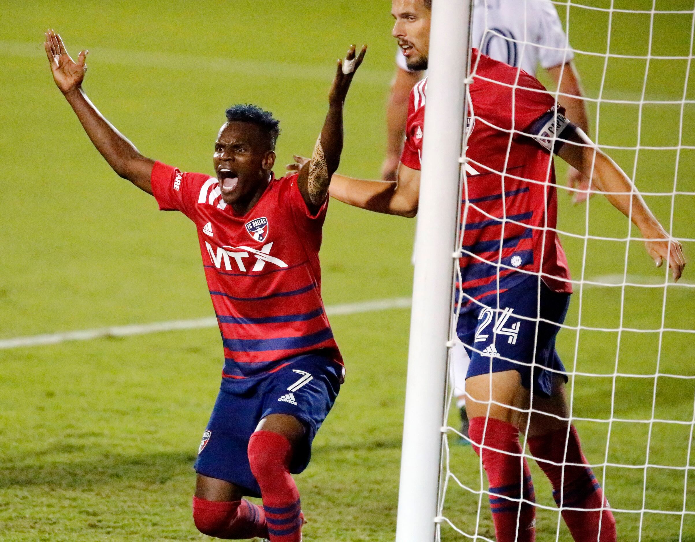 FC Dallas forward Jader Obrian (7) questions his goal which was disallowed next to FC Dallas...