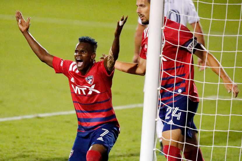 FC Dallas forward Jader Obrian (7) questions his goal which was disallowed next to FC Dallas...