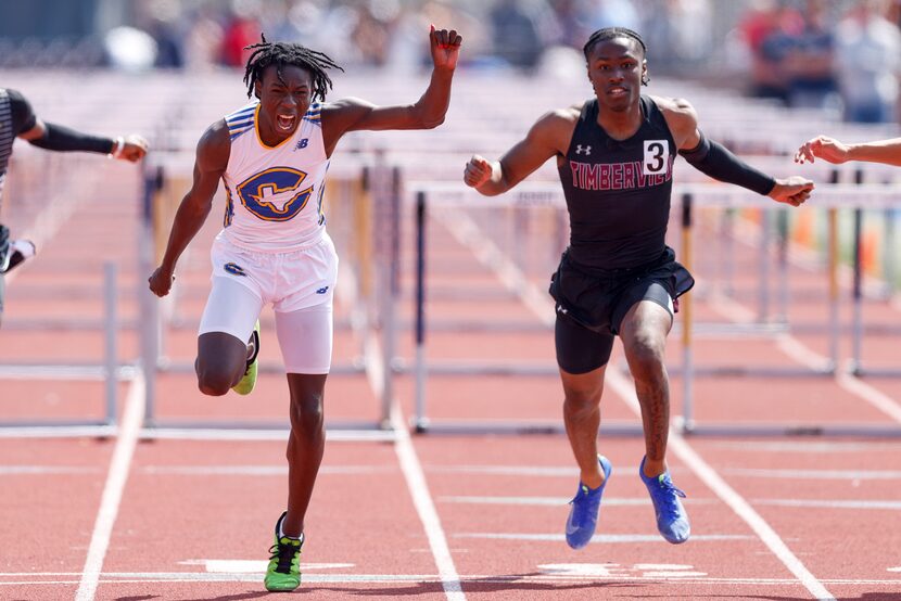 Corsicana’s Ja’Shaun Lloyd screams as he wins the 5A boys 110 meter hurdles ahead of...