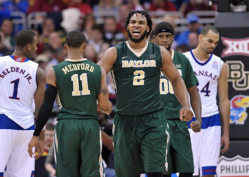 Mar 13, 2015; Kansas City, MO, USA; Baylor Bears forward Rico Gathers (2) celebrates after...