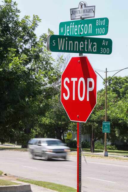 The intersection of West Jefferson Boulevard and South Winnetka Avenue in Dallas on...