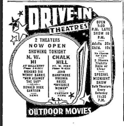 Northwest Highway and Chalk Hill Drive-In Theaters' newspaper advertisement. 