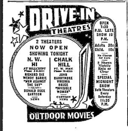 Northwest Highway and Chalk Hill Drive-In Theaters' newspaper advertisement. 