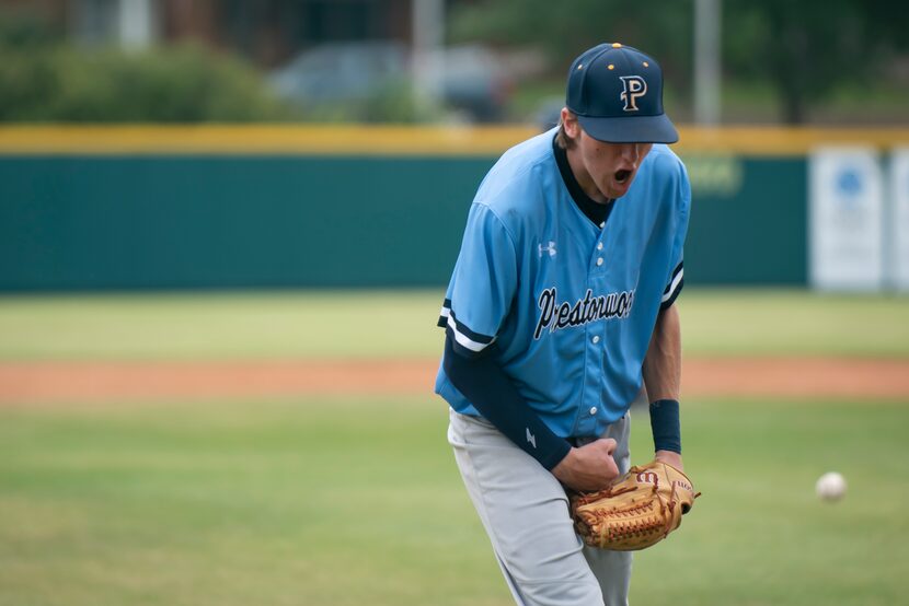 Prestonwood junior Bennett Seal (19) exclaims after getting out of an inning during the...