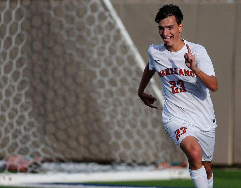 Wakeland's Cody Sedatole (23) celebrates his goal against Wichita Falls during the UIL...