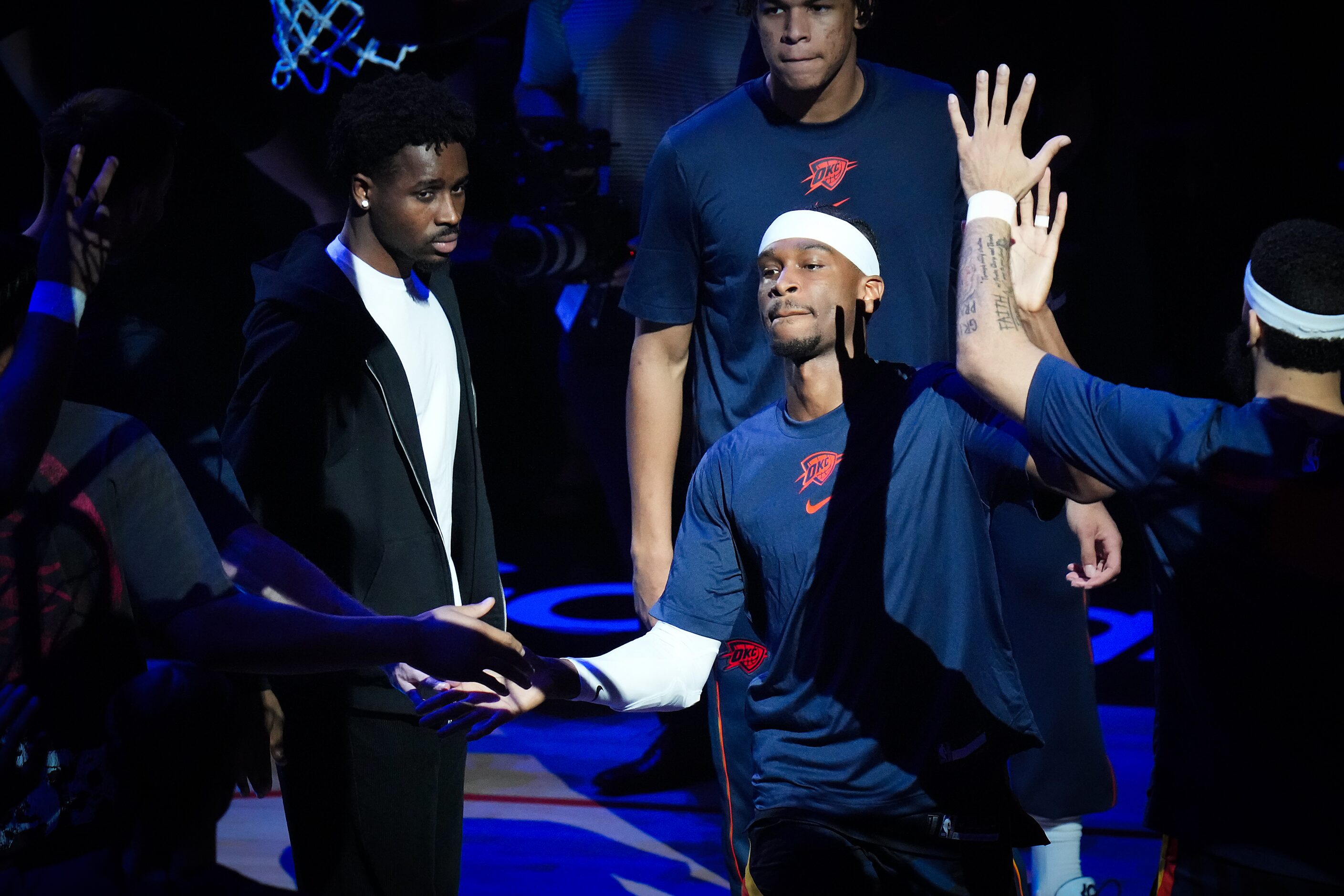 Oklahoma City Thunder guard Shai Gilgeous-Alexander is introduced before Game 5 of an NBA...