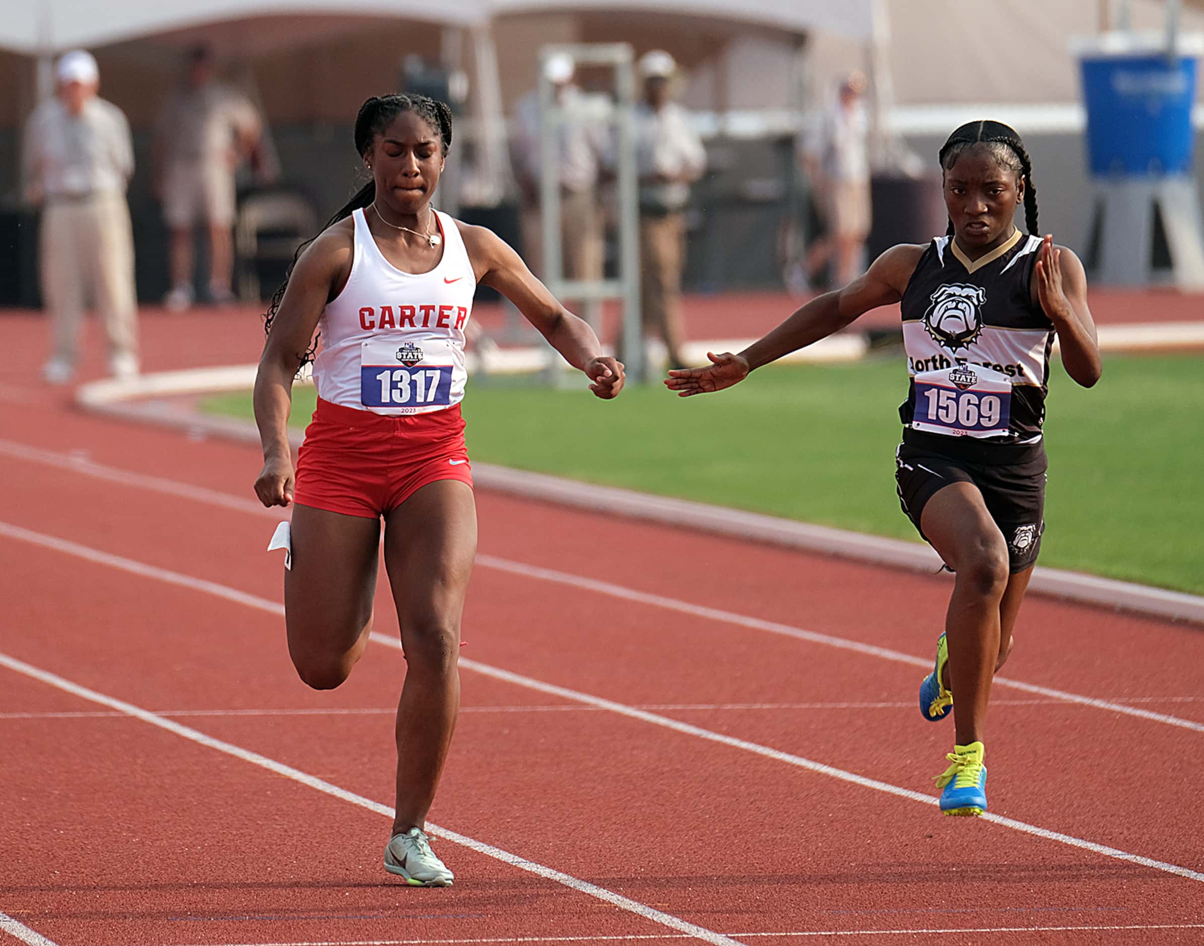 Kennedy Dehorney of Dallas Carter competes in the 4A 100 M dash competes at the UIL State...