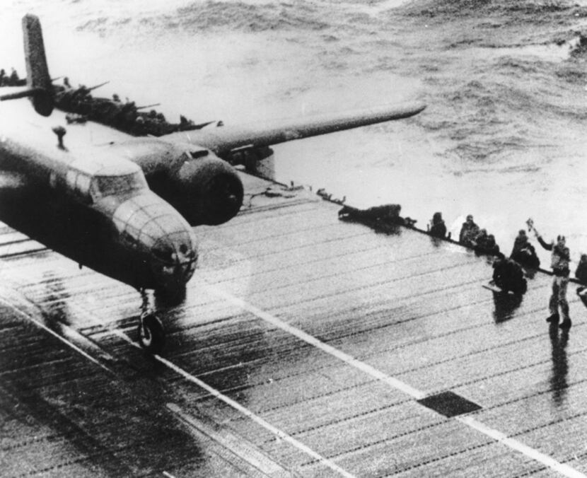 A B-25 bomber begins its takeoff run on the flight deck of the USS Hornet on April 18, 1942....