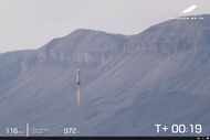 This image provided by Blue Origin shows the New Shepard rocket launching from West Texas on...