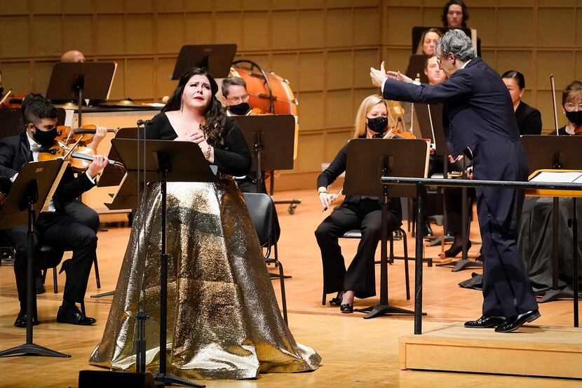 Soprano Angela Meade performs as Fabio Luisi conducts the Dallas Symphony Orchestra in...