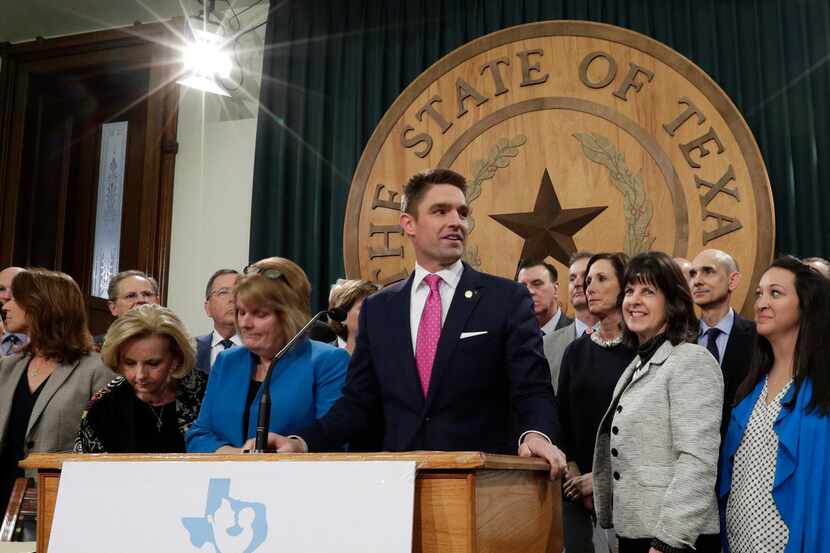 Rep. Jeff Leach of Plano, shown at lectern in the Speaker's Committee Room in March, is...