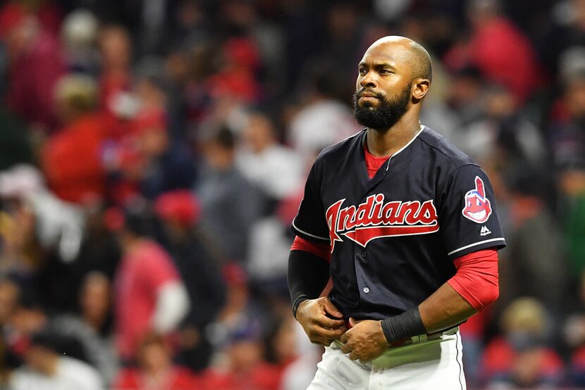 CLEVELAND, OH - OCTOBER 11:  Austin Jackson #26 of the Cleveland Indians reacts after...